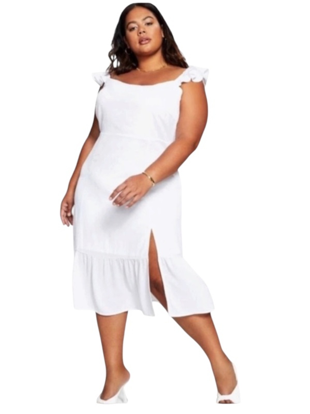And Now This White Ruffle Strap Midi Dress Square Neck Cottagecore Boho Size L